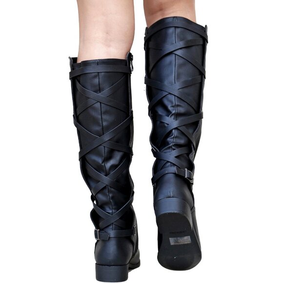 New Women Black Strappy Buckle Knee High Riding Boots - Picture 4 of 4